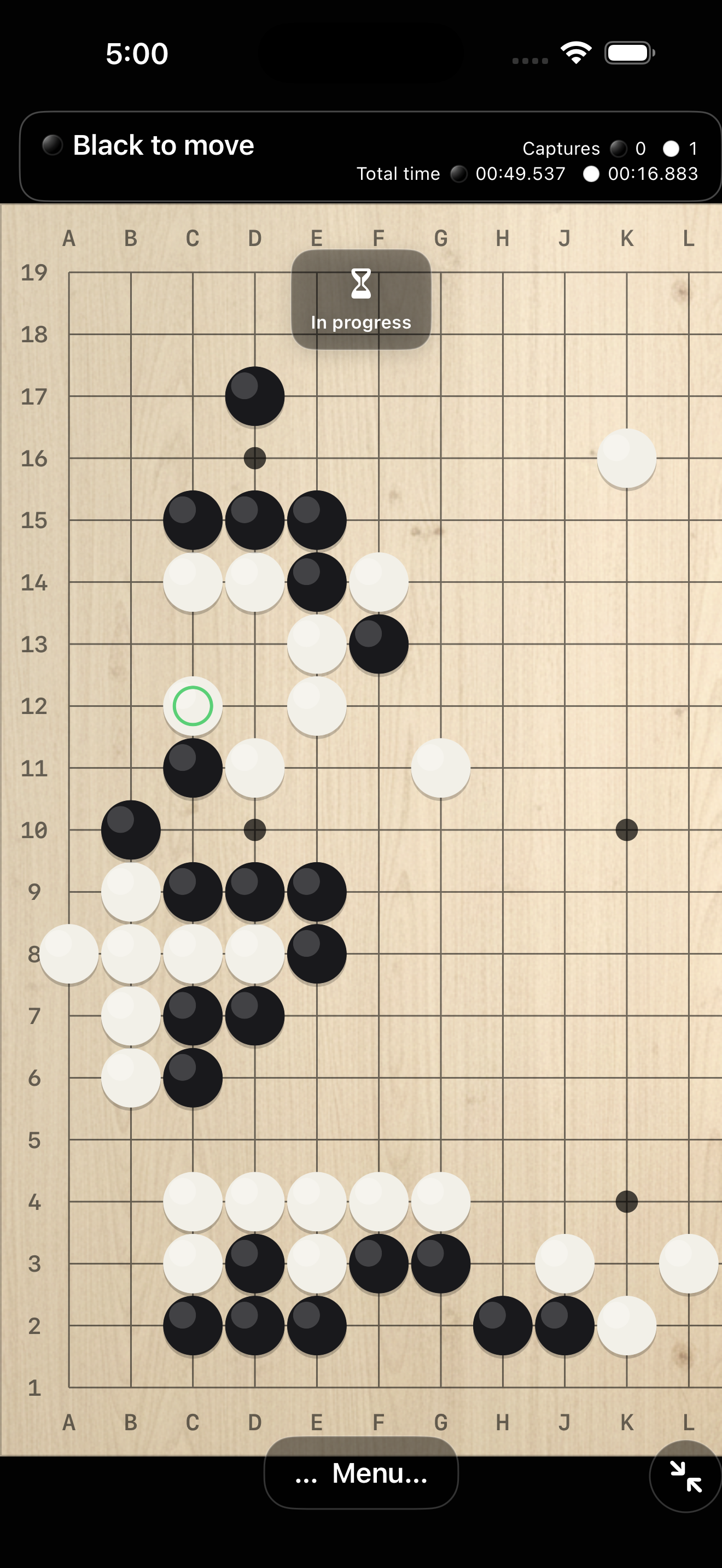Go game screen showing examples of 9×9, 13×13, and 19×19 boards